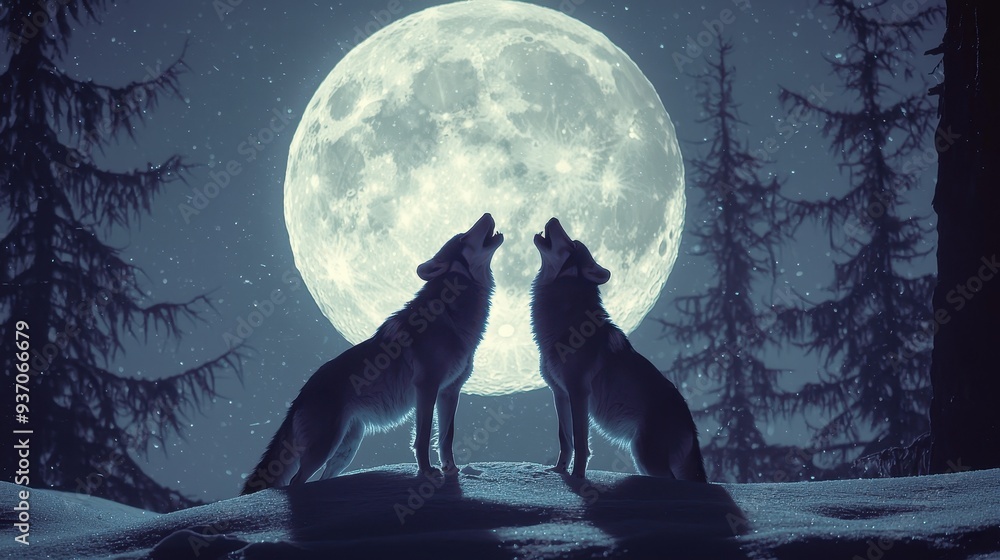 Fototapeta premium Wolves Howling at Full Moon in Snowy Forest