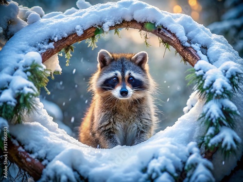 moody and atmospheric shot of raccoon huddled in snow-covered tree fork with misty winter wonderland ambiance photo