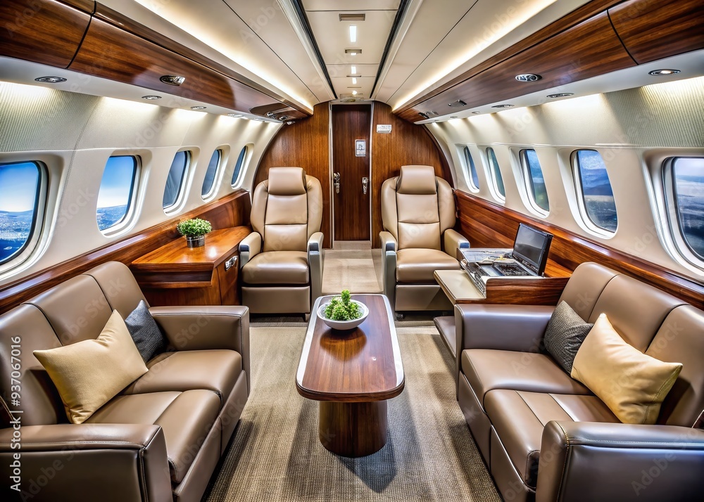 Obraz premium Seamless panoramic view of a luxurious private jet's cabin, adorned with rich wood accents, plush leather seats, and sleek chrome fixtures, exuding sophistication and elegance.