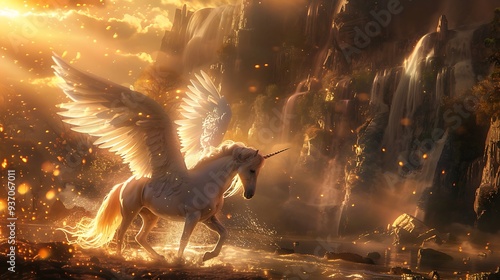 majestic unicorn with feathery white wings stands gracefully by a cascading golden waterfall in a fantastical landscape. Sparkling lights fill the air enhancing the magical ambiance dreamlike scene.
