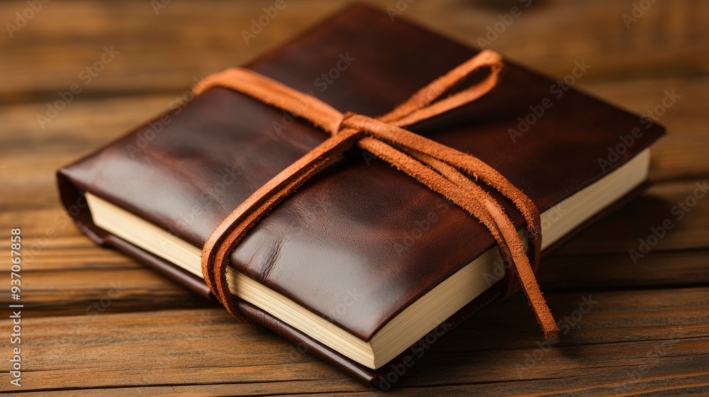 Brown Leather Bound Journal with String Closure on Wooden Table Brown Leather Bound Journal with String Closure on Wooden Table