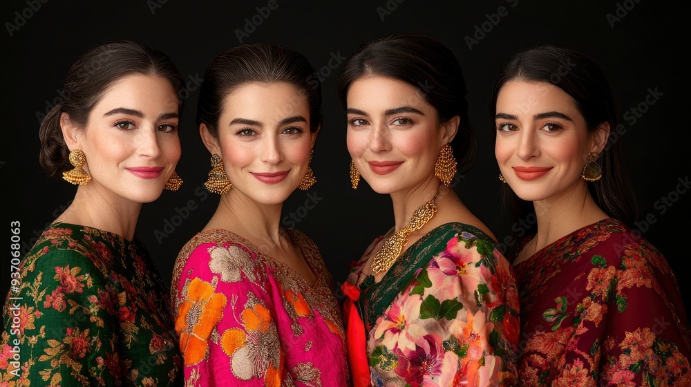 Four Beautiful Women Wearing Traditional Indian Sari Dresses and Jewelry Four Beautiful Women Wearing Traditional Indian Sari Dresses and Jewelry