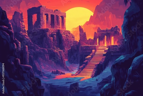 Ancient Ruins at Sunset with Steps Leading to a Temple