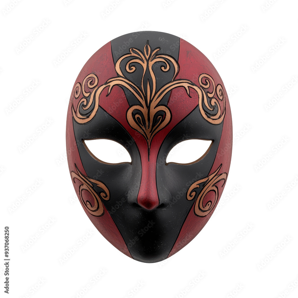 A red and black masquerade mask with intricate gold designs. A red and black masquerade mask with intricate gold designs.
