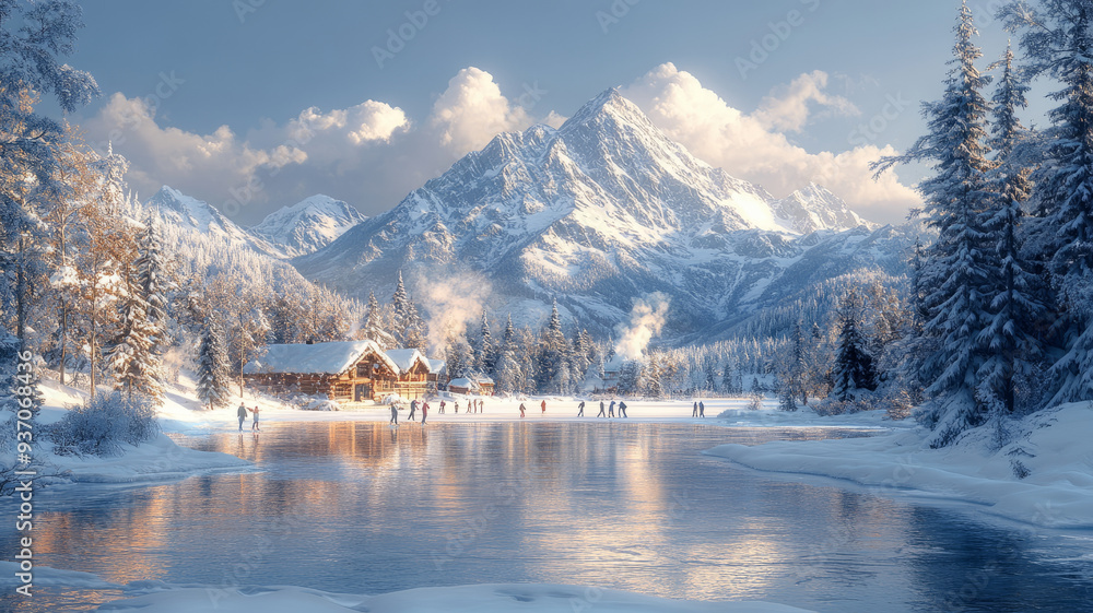 A picturesque winter vacation scene featuring a group of people enjoying ice skating on a frozen lake surrounded by snow-covered trees and mountains, A picturesque winter vacation scene featuring a group of people enjoying ice skating on a frozen lake surrounded by snow-covered trees and mountains,
