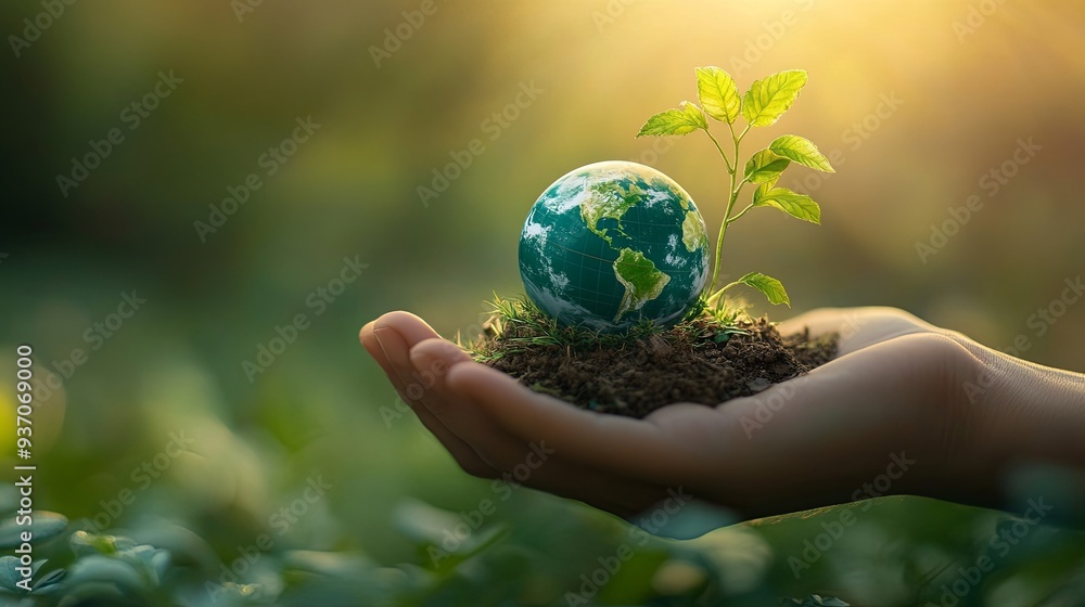 The world hovers above an open hand, with green shoots emerging. How do we nurture growth on our planet The world hovers above an open hand, with green shoots emerging. How do we nurture growth on our planet