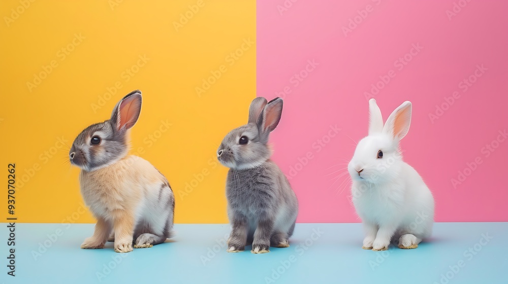 Obraz premium Many different standing poses of three colour cute little rabbits isolated on colorful background
