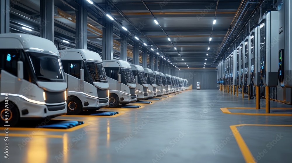 Row of Electric Trucks Charging in a Modern Warehouse Row of Electric Trucks Charging in a Modern Warehouse