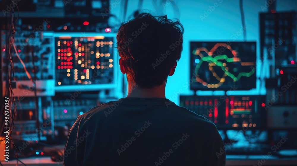 Man in Front of a Monitor in a Neon-Lit Room Man in Front of a Monitor in a Neon-Lit Room