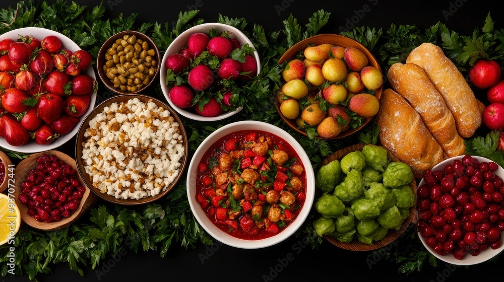 A Festive Table Spread of Delicious Dishes with Fruits and Bread A Festive Table Spread of Delicious Dishes with Fruits and Bread
