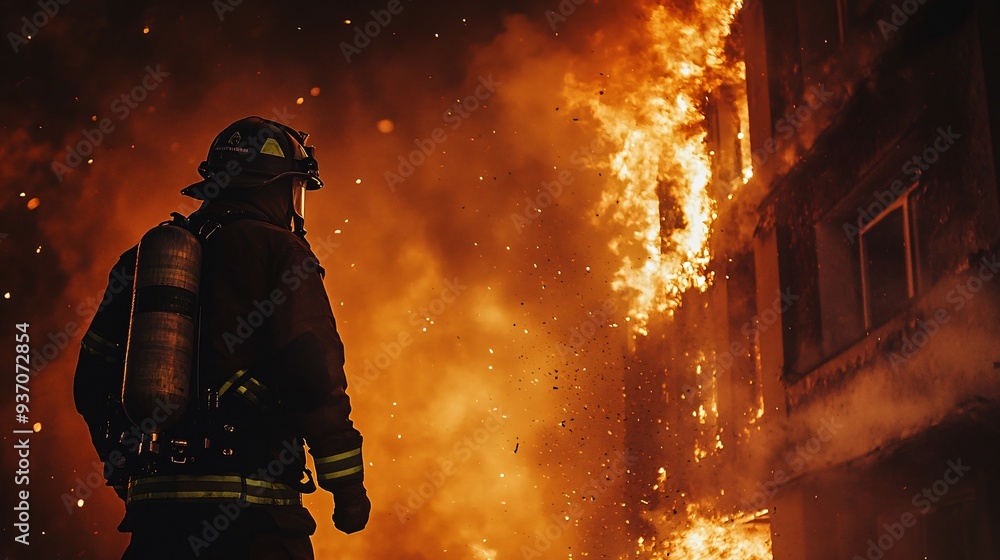 Fototapeta premium firefighter in full gear spraying water on a burning building at night, copy space