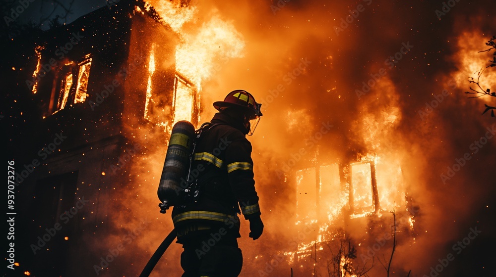 Fototapeta premium firefighter in full gear battling intense flames from a burning building at night, copy space