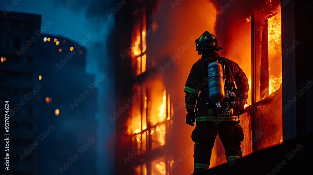 firefighter in full gear spraying water on a burning building at night, copy space firefighter in full gear spraying water on a burning building at night, copy space