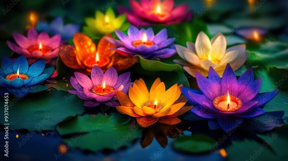 Colorful Lotus Candles Floating on Water Colorful Lotus Candles Floating on Water