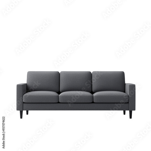 A modern gray sofa with clean lines and wooden legs. It is isolated on a white background.