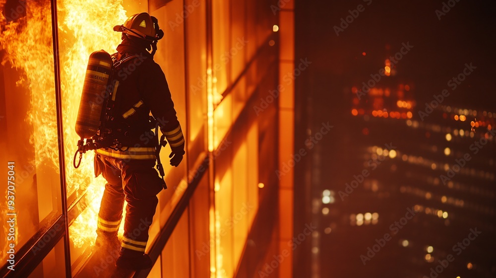 Fototapeta premium firefighter in full gear spraying water on a burning building at night, copy space