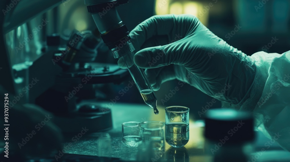 Laboratory Research: A Gloved Hand Carefully Drops Liquid into a Beaker