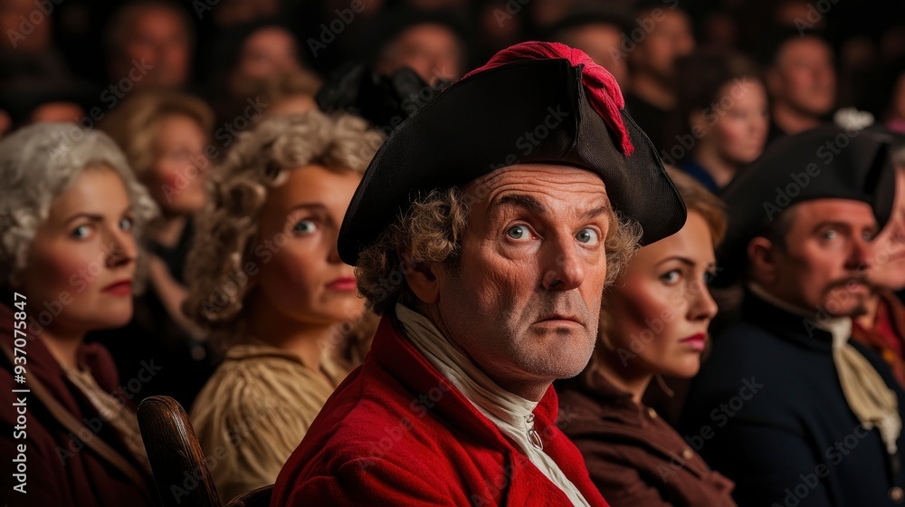 Fototapeta premium Man in a Red Coat and Tri-Cornered Hat in a Crowd of People
