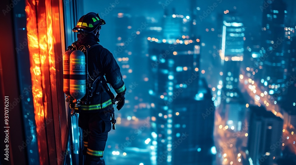 firefighter in full gear spraying water on a burning building at night, copy space firefighter in full gear spraying water on a burning building at night, copy space