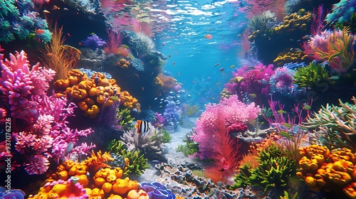 Vibrant underwater scene filled with colorful corals and marine life.