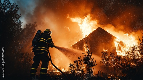 firefighter in full gear spraying water on a burning building at night, copy space