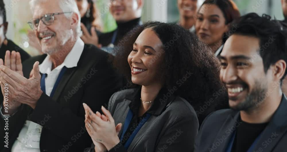 Applause, conference and group of business people in office with finance training for investment profit. Clapping hands, team and financial bankers at seminar celebrating stock shares revenue target. Applause, conference and group of business people in office with finance training for investment profit. Clapping hands, team and financial bankers at seminar celebrating stock shares revenue target.