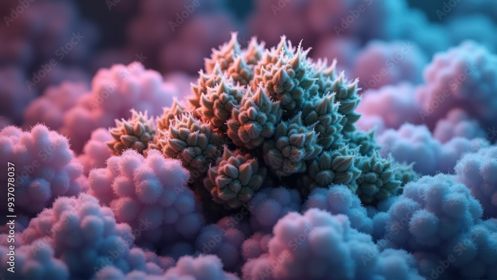 Fototapeta premium Abstract close-up of vibrant microorganisms, showcasing intricate structures and colors. Ideal for scientific, medical, and educational content.