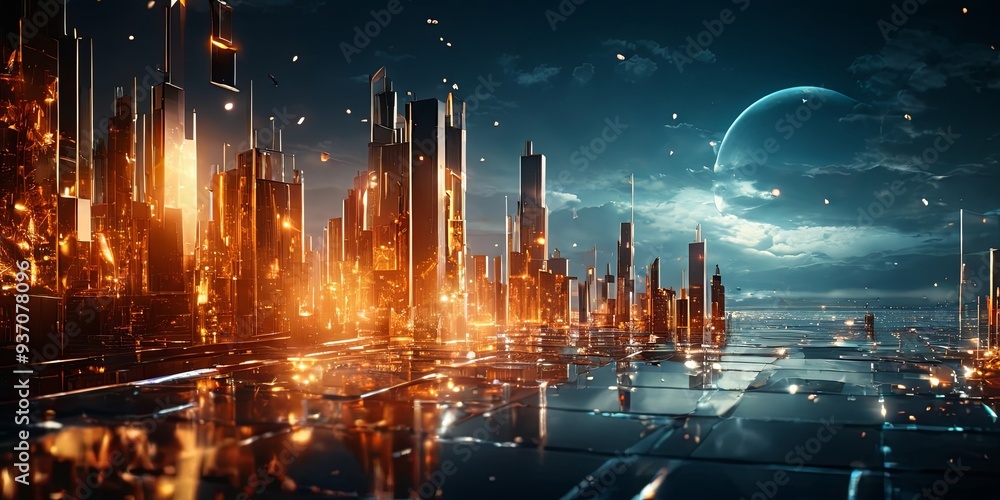 A cityscape with a large glowing moon in the background A cityscape with a large glowing moon in the background