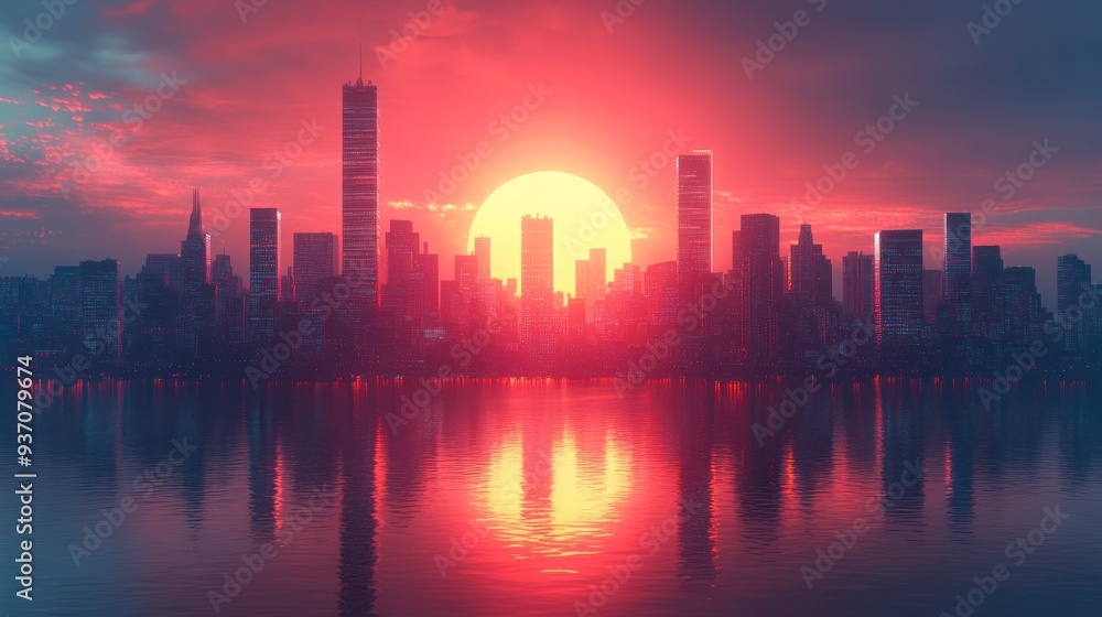 Cityscape at Sunset with a Reflection in the Water Cityscape at Sunset with a Reflection in the Water