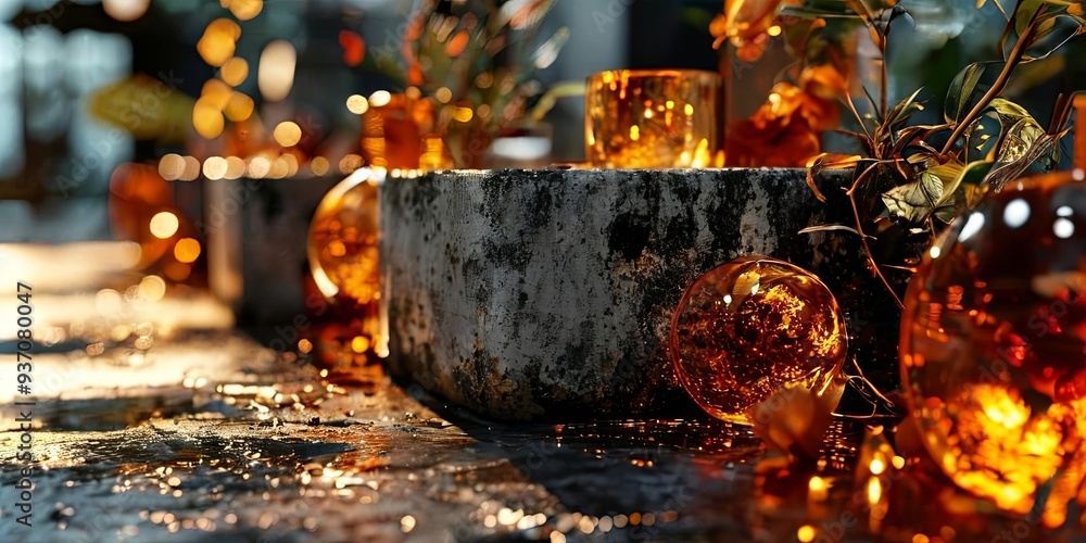 A table with a stone base and a bunch of orange glass ornaments A table with a stone base and a bunch of orange glass ornaments