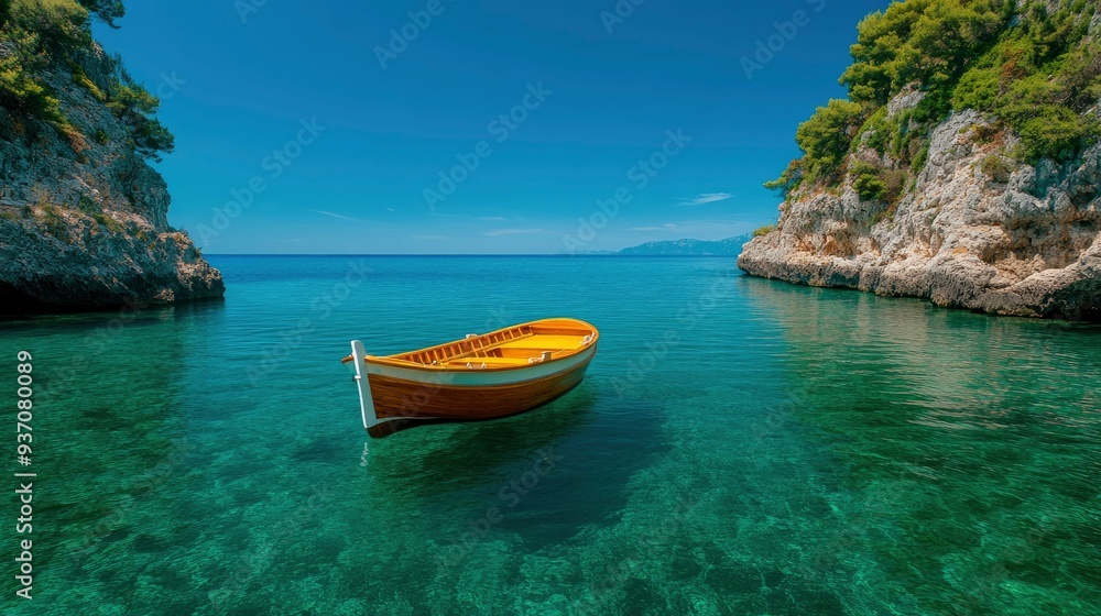 A luxury yacht anchored in a crystal-clear bay surrounded by cliffs A luxury yacht anchored in a crystal-clear bay surrounded by cliffs