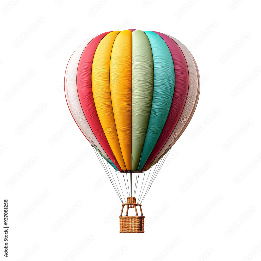Fototapeta premium A colorful hot air balloon with a wooden basket, isolated on a black background.