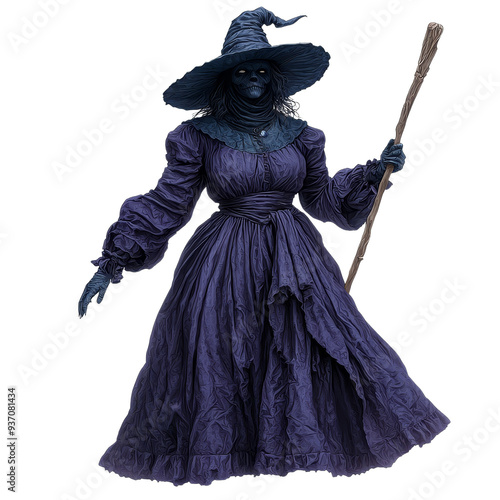 A mysterious witch in a long purple dress and pointed hat, holding a staff.