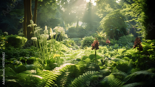 A verdant wonderland: thriving garden of lush greenery illuminated by natural sunlight