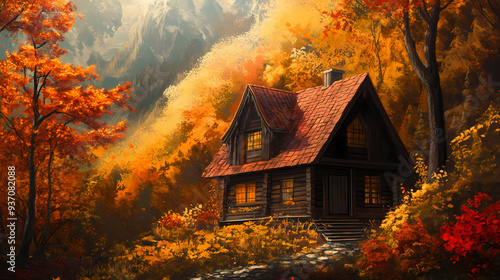 Warm Colors Cozy Autumn House in Forest LOFI Ambient Design