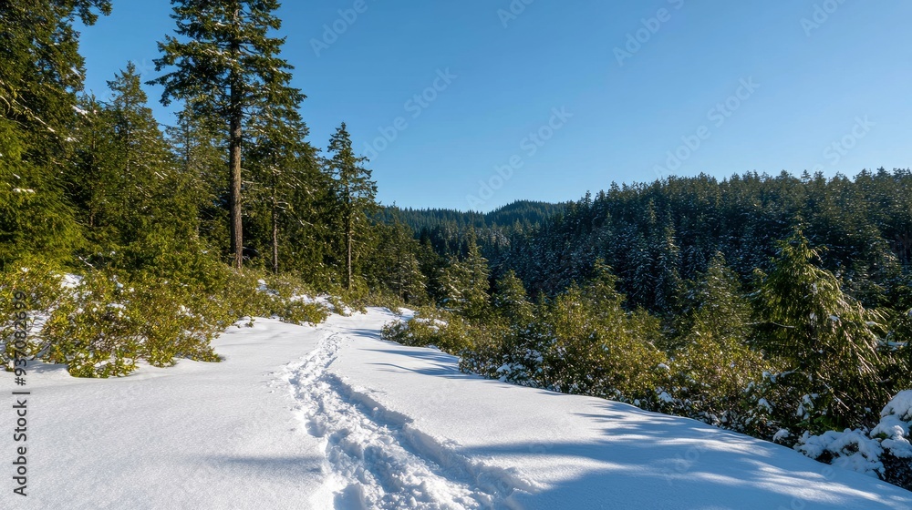 Snowy Forest Path with Footprints