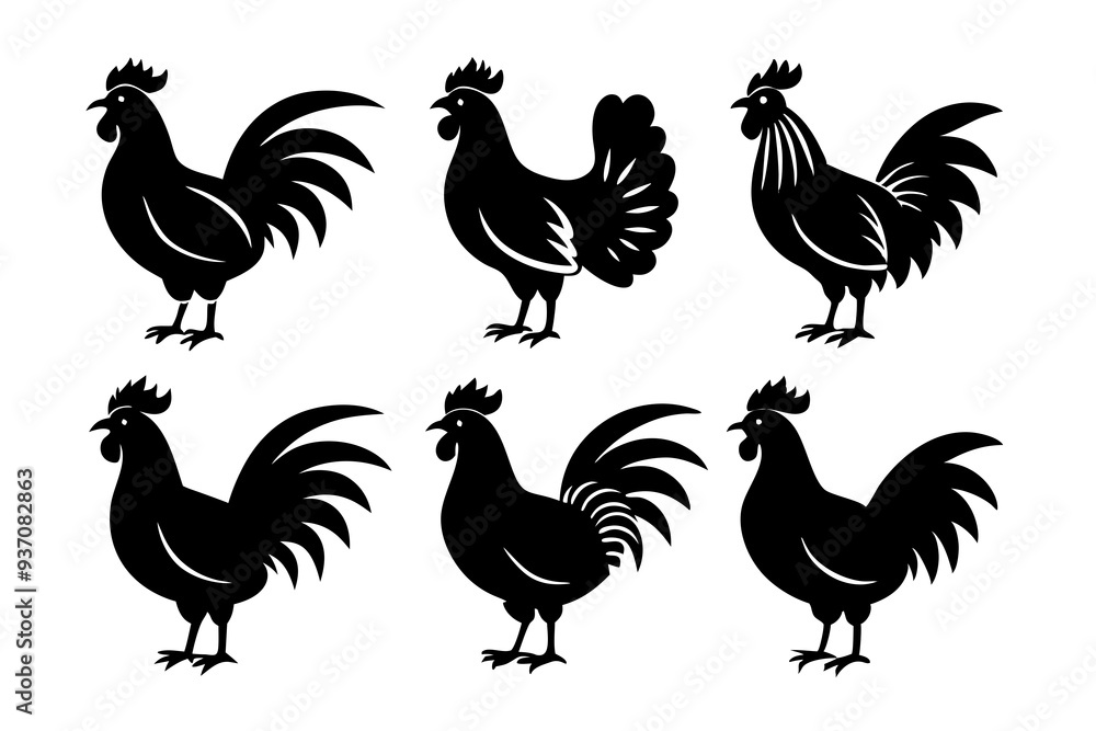 Fototapeta premium Set of Rooster icons silhouette vector illustration