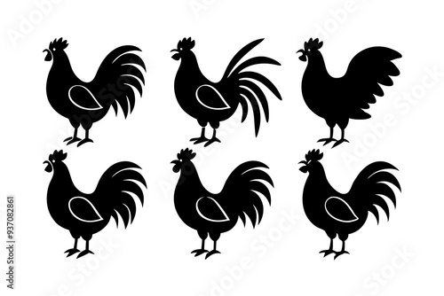 Set of Rooster icons silhouette vector illustration