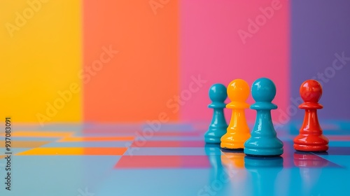 Multi colored pawns on table isolated on colorful background photo