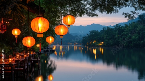 Tranquil Sunset with Lanterns Over Still Lake in Southeast Asia