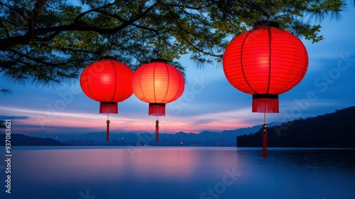 Red Lanterns Hanging from a Tree Branch Over a Lake at Sunset