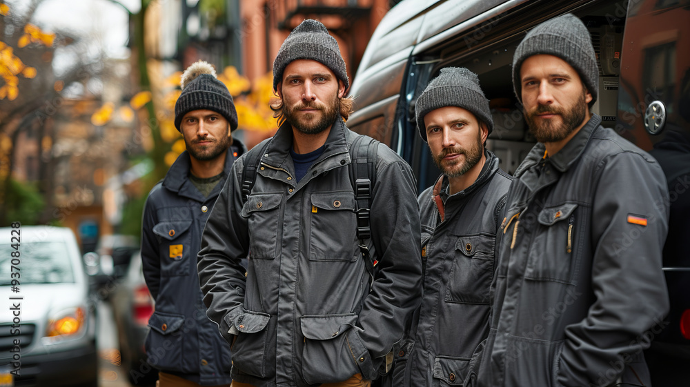 Fototapeta premium spontaneous authentic photo of a team of electricians with their van