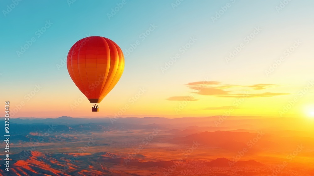 Majestic Sunrise Hot Air Balloon Flight Over Countryside - 3D Illustration Majestic Sunrise Hot Air Balloon Flight Over Countryside - 3D Illustration