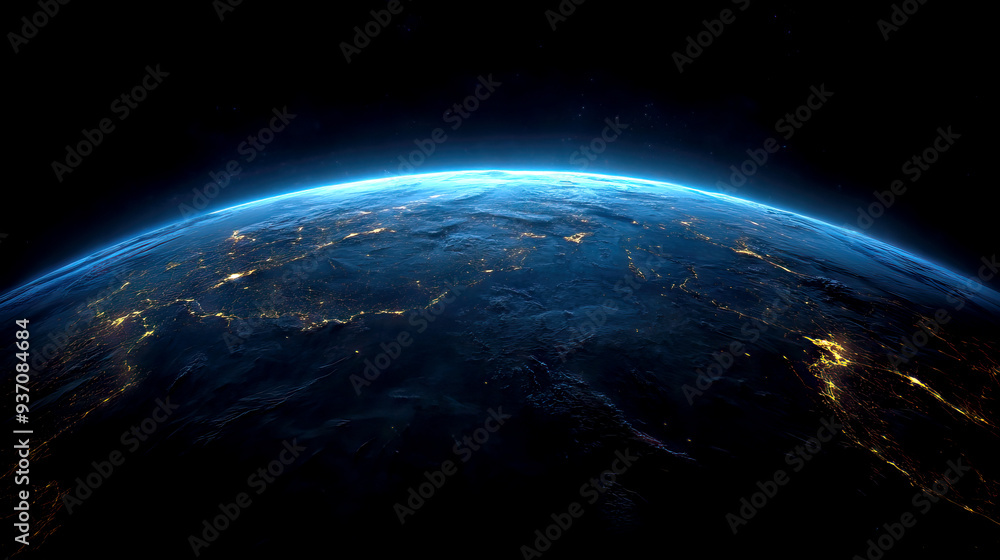 Fototapeta premium View of the horizon from orbit of a planet with atmosphere, the dark side of a world with cities glowing approaching the dawn, blue satellite world globe