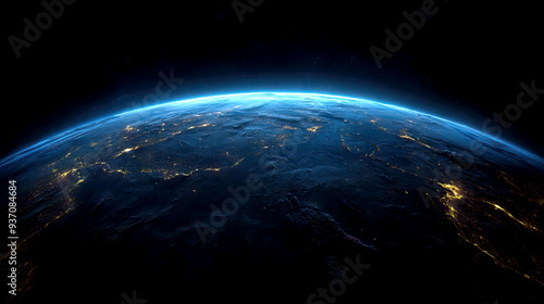 View of the horizon from orbit of a planet with atmosphere, the dark side of a world with cities glowing approaching the dawn, blue satellite world globe