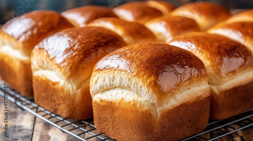 A warm, freshly baked loaf of brioche bread with a soft, buttery texture, placed on a cooling rack photo