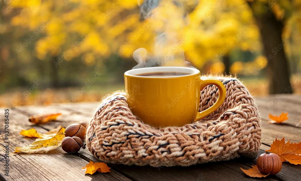 Warm yellow mug on wooden table with autumn leaves, nuts, and cozy knitted scarf in fall landscape Warm yellow mug on wooden table with autumn leaves, nuts, and cozy knitted scarf in fall landscape