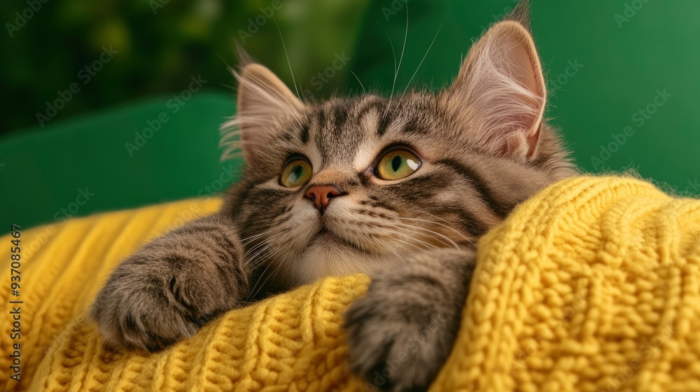 Naklejka premium Cute Cat Relaxing on a Yellow Blanket