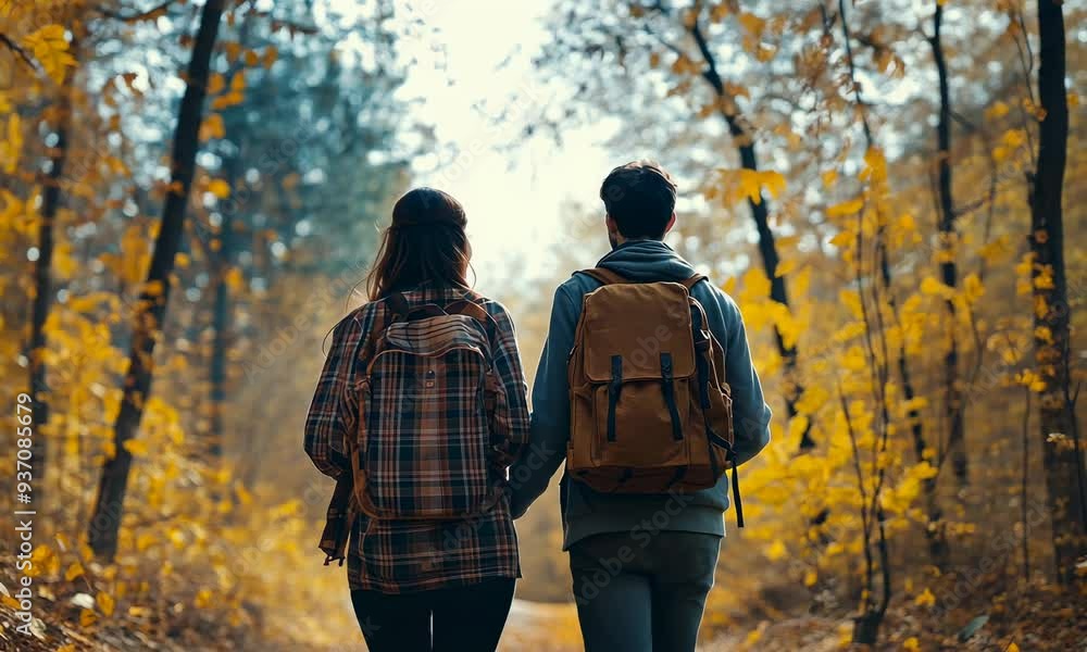 Two young adults walking through scenic autumn forest Two young adults walking through scenic autumn forest