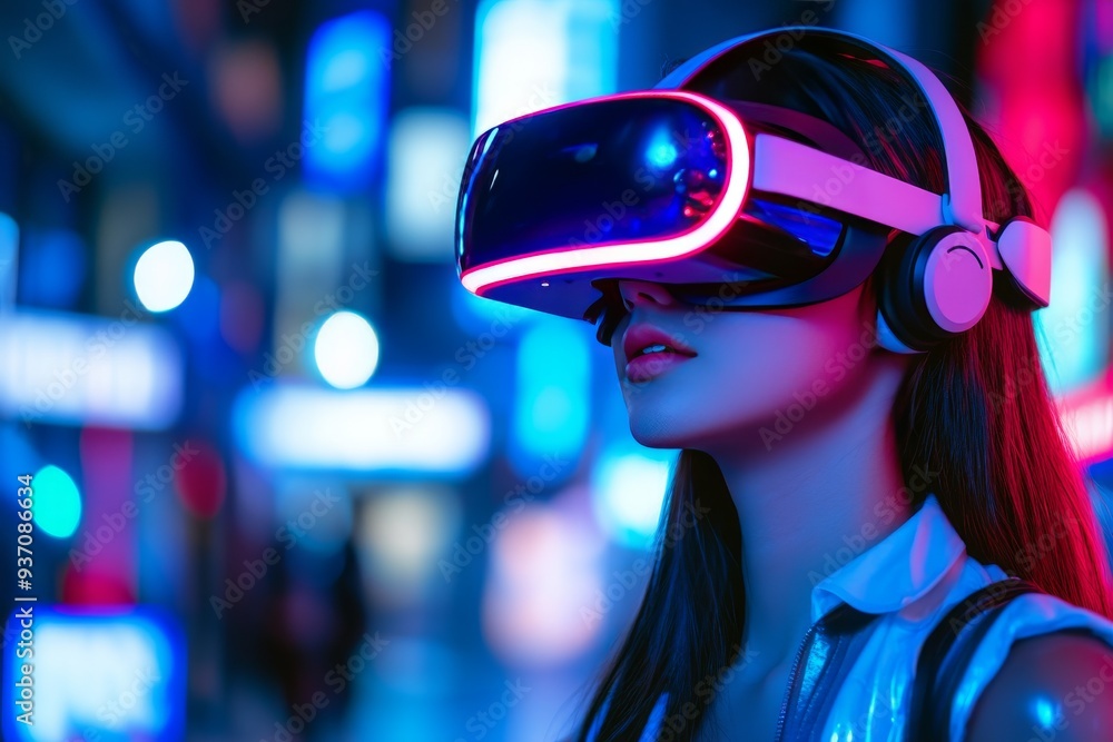 Woman with long hair wearing a VR headset in a neon lit urban environment representing the vibrant and dynamic intersection of modern technology and city life Woman with long hair wearing a VR headset in a neon lit urban environment representing the vibrant and dynamic intersection of modern technology and city life